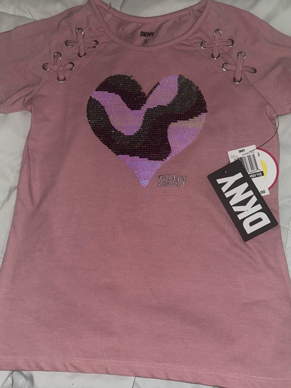 DKNY Girls Dusty Pink Sequin Heart Lace-Up Tee